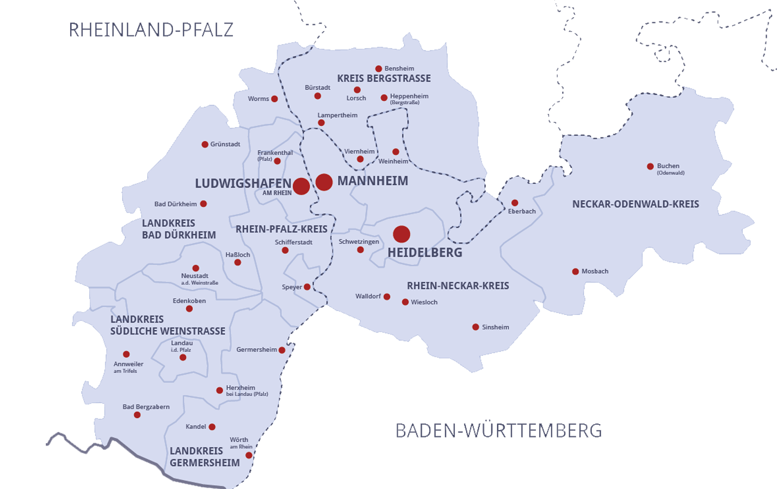 Karte Einzugsgebiet Energieberatung Bremer - wir sind tätig in Kreis Groß Gerau, Kreis Bergstraße, Mannheim, Heidelberg, Worms